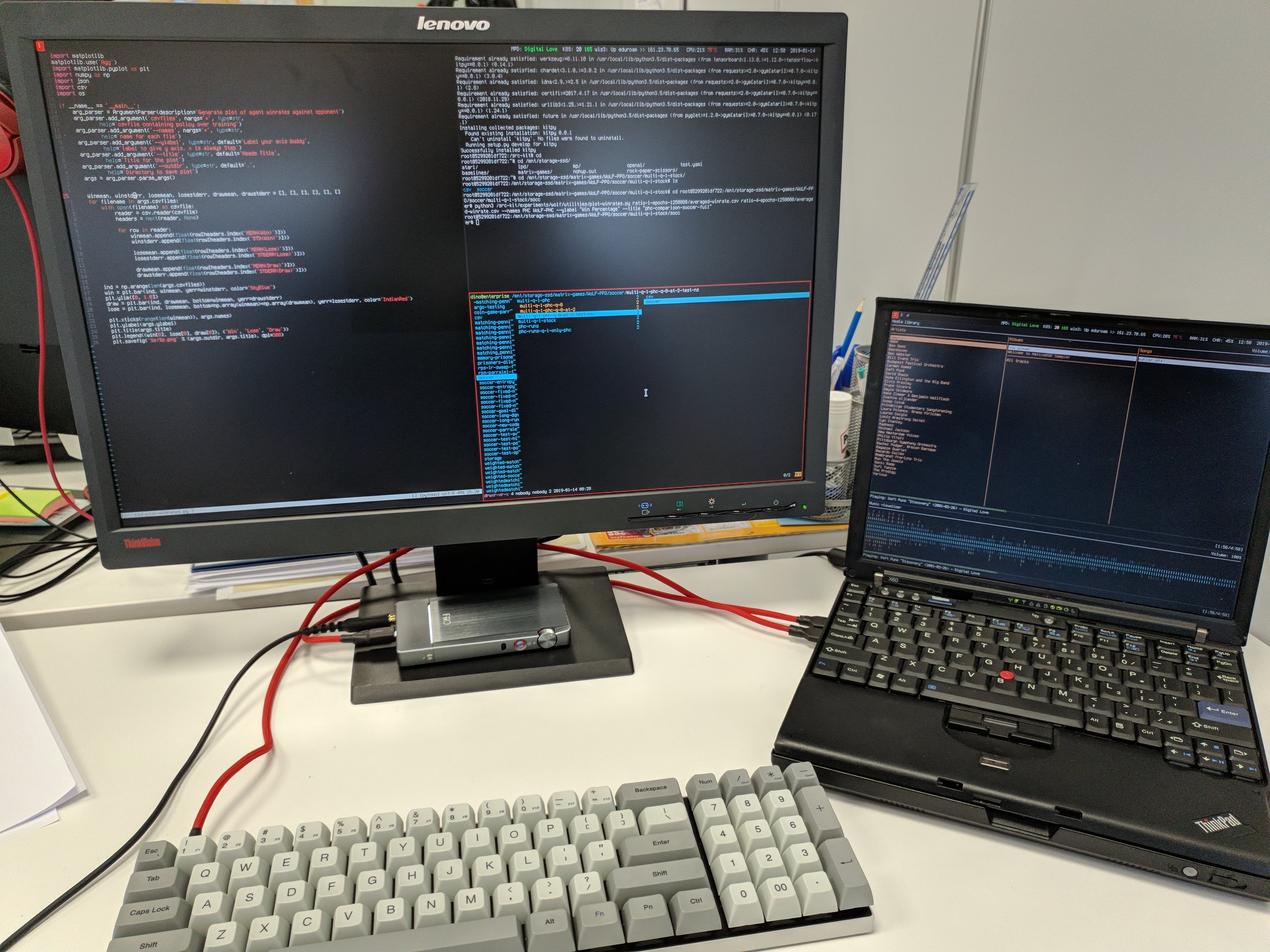 My setup at QMUL (Queen Mary University of London) during my PhD circa 2018-2020.